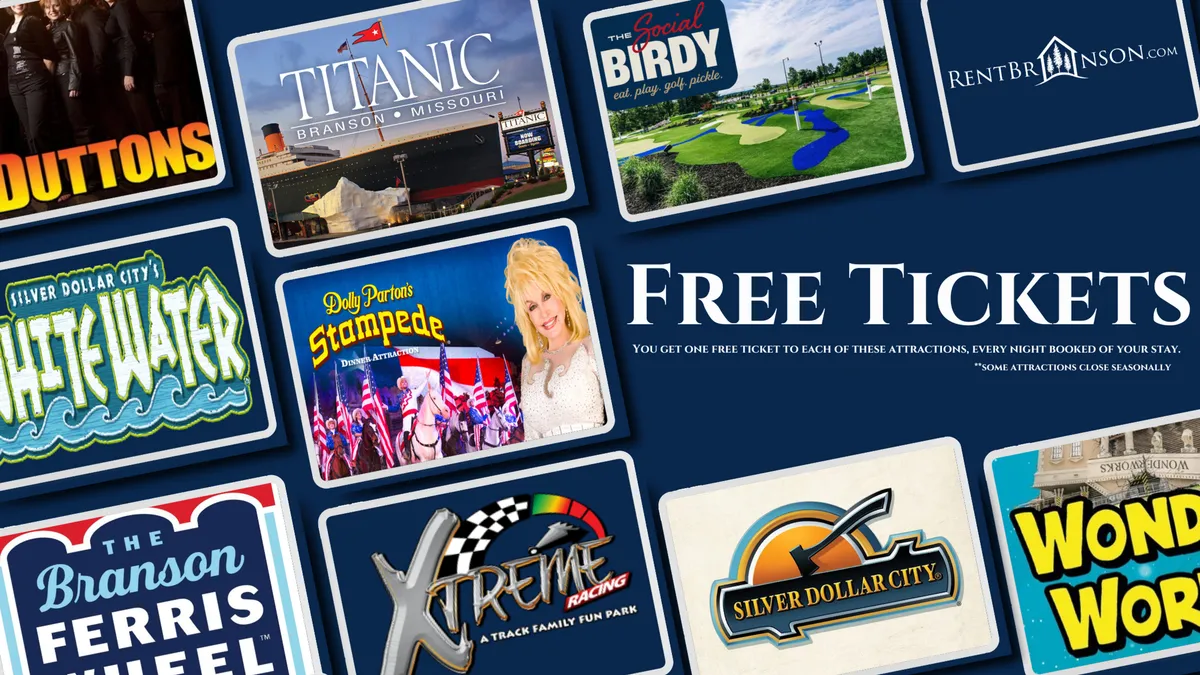 A vibrant graphic collage featuring various attraction logos and the prominent text 'Free Tickets.' The lively composition suggests a wealth of entertainment and experiences awaiting guests, with icons representing theme parks, shows, and local highlights.